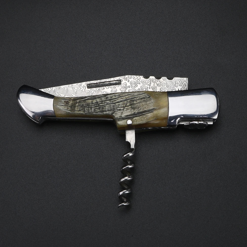 Damascus Steel Folding Knife – Sheep Horn Handle | XUAN FENG