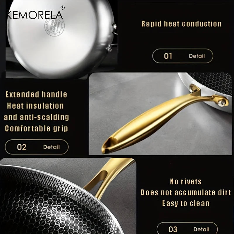 KEMORELA 316 Stainless Steel Honeycomb Non-Stick Wok Frying Pan