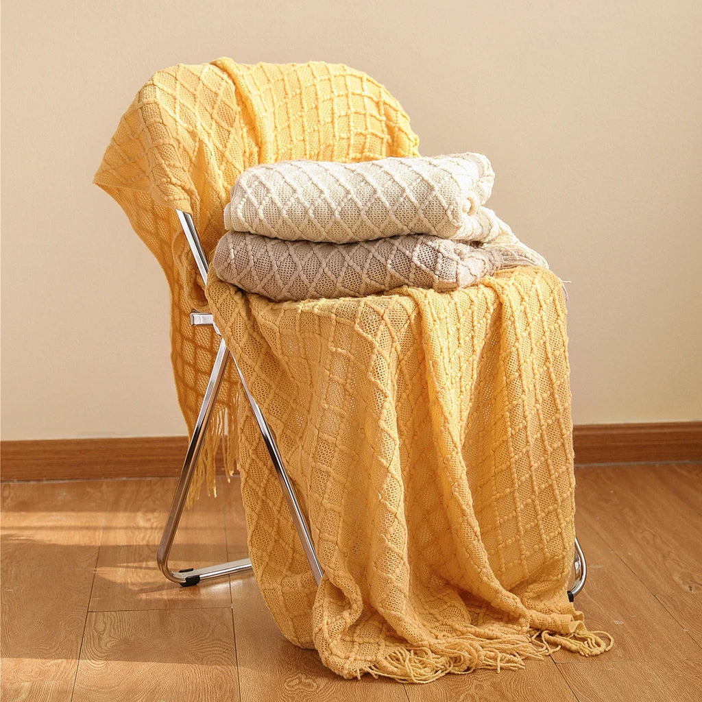 Battilo Orange Red Knitted Throw Blanket | Fall Plaid Decor
