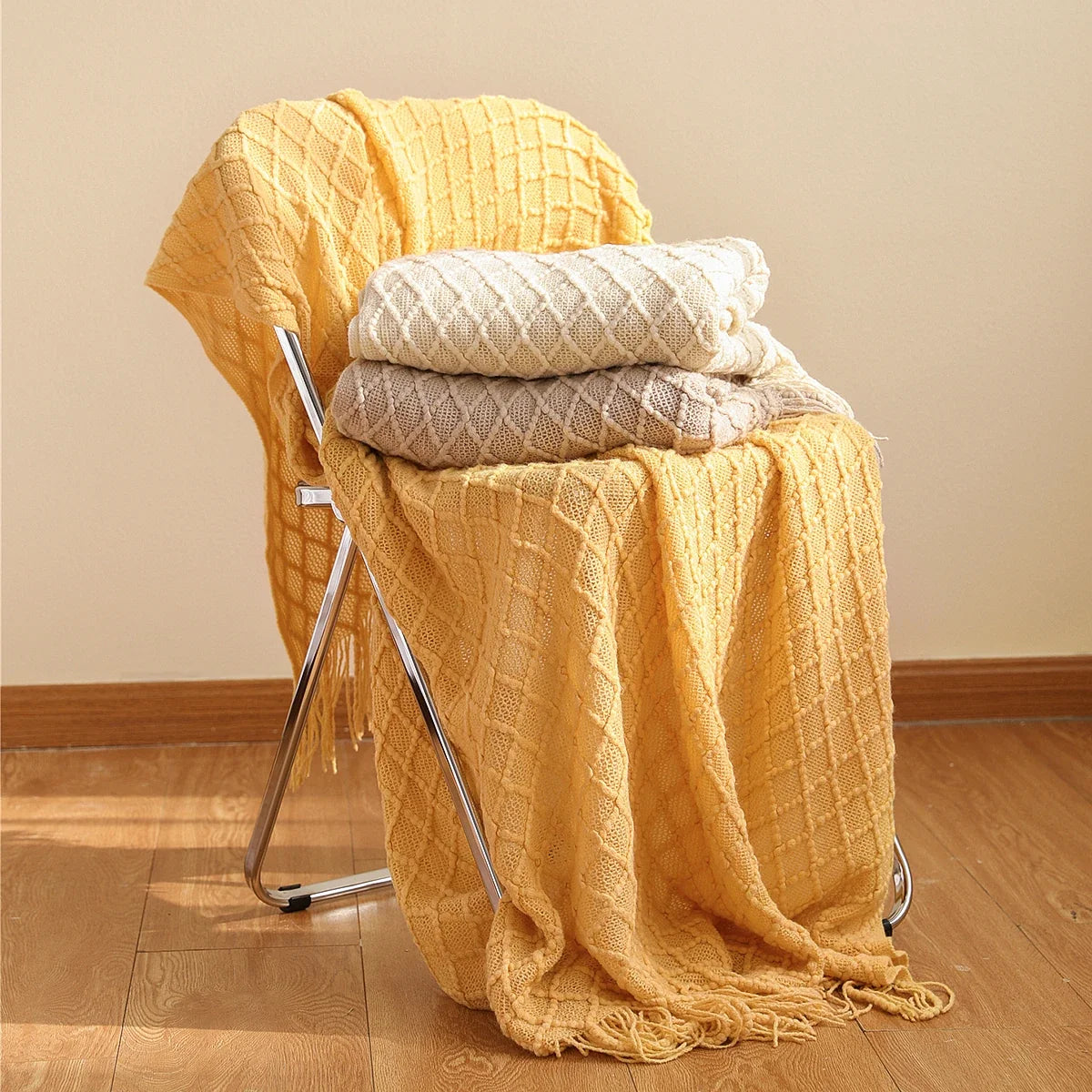 Battilo Orange Red Knitted Throw Blanket | Fall Plaid Decor