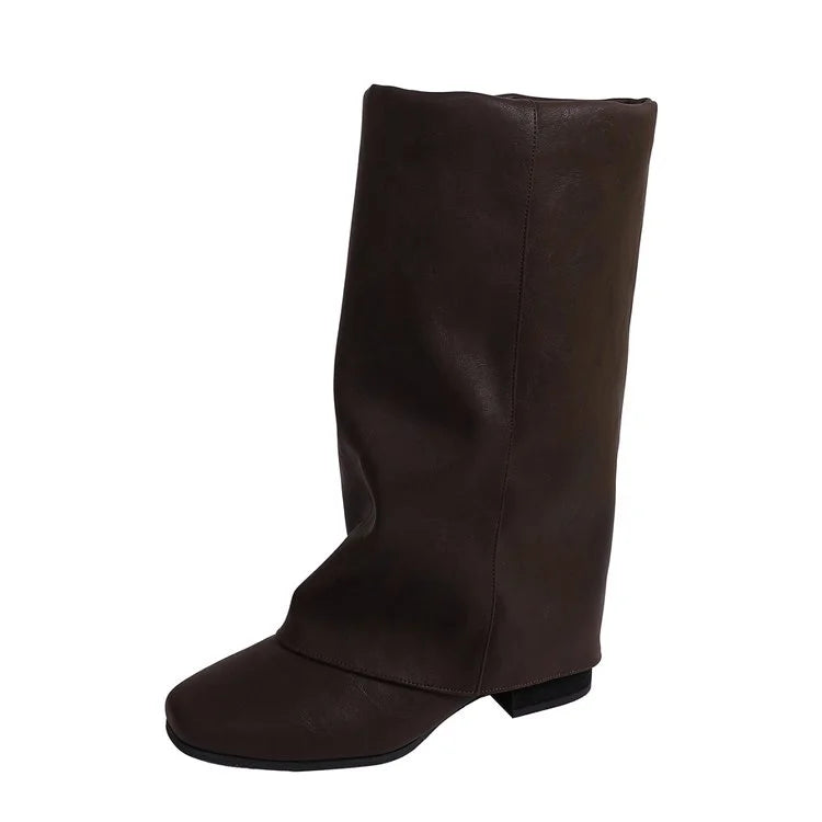 Women's Vintage Square Toe Mid-Calf Boots | Block Heel Slip-On