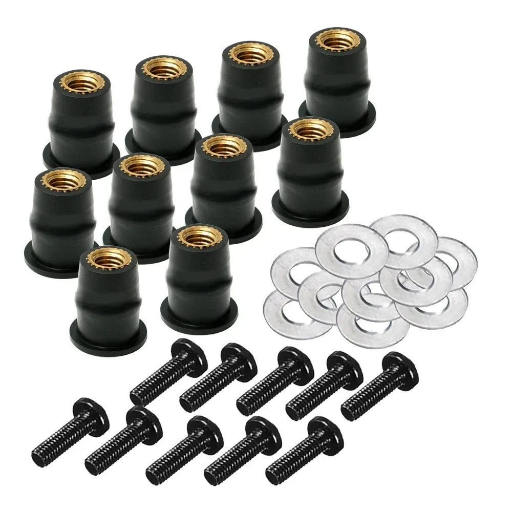 M5 M6 Motorcycle Windshield Bolt & Rubber Well Nut Set – 30Pc
