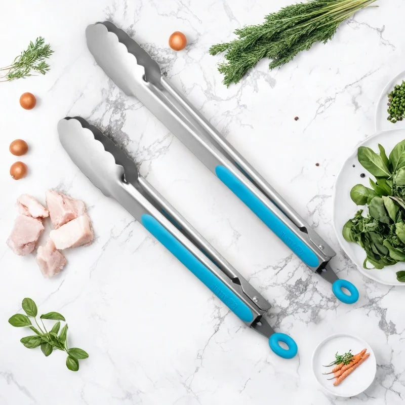Stainless Steel Silicone Food Tongs 9 & 12 Inch – Set of 2