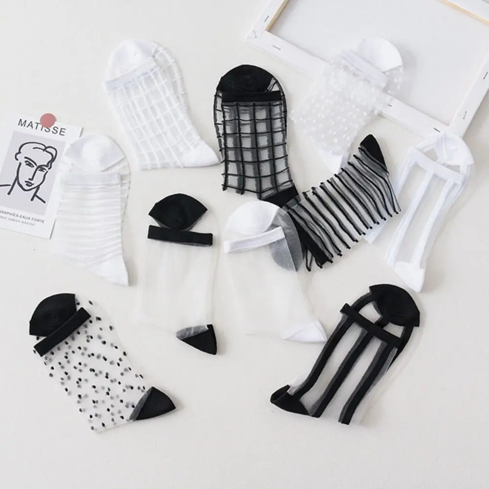 Women's Sheer Crystal Silk Ankle Socks | Ultrathin Lace Mesh