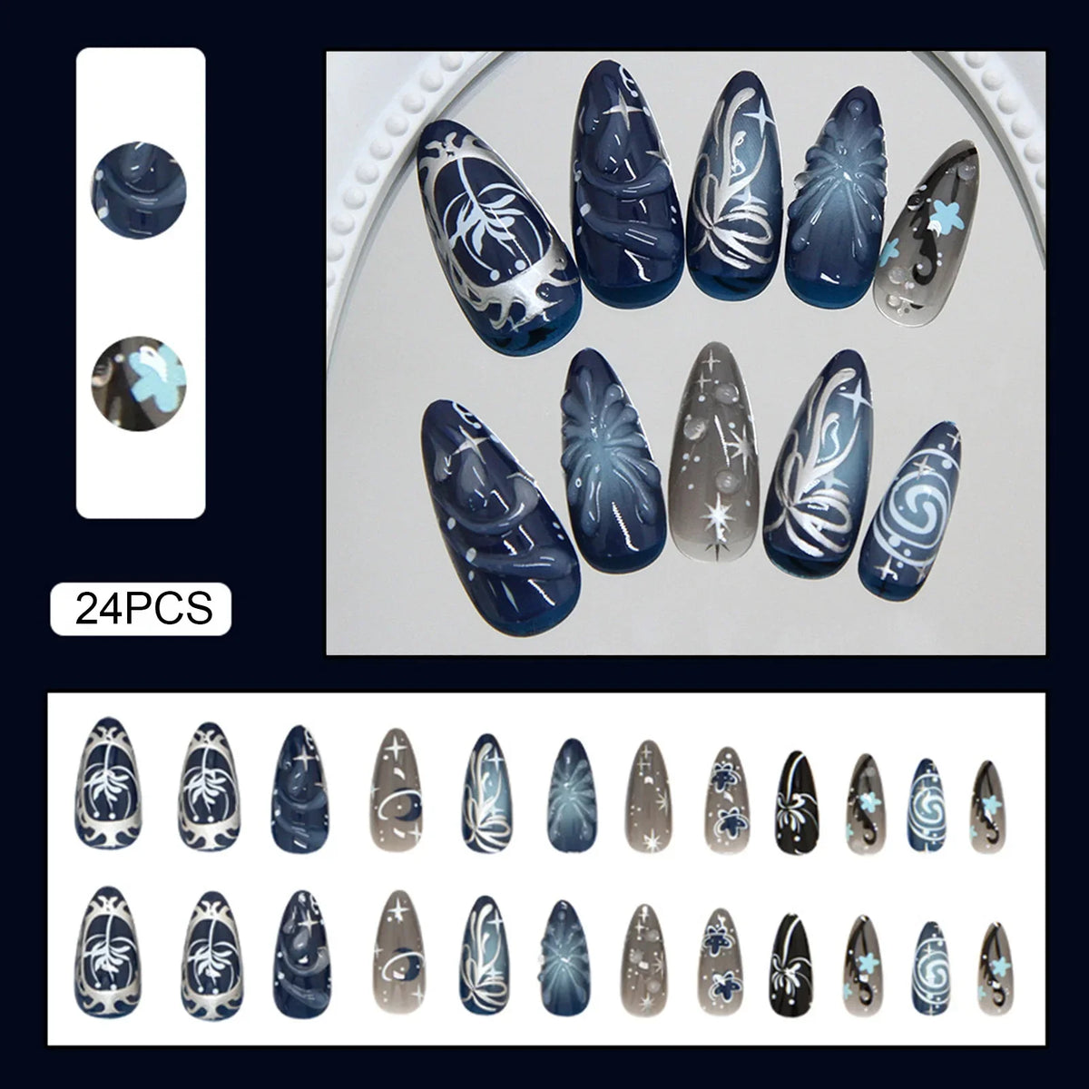 24pc Blue Black Glitter Press On Nails | 3D Y2K Almond Design