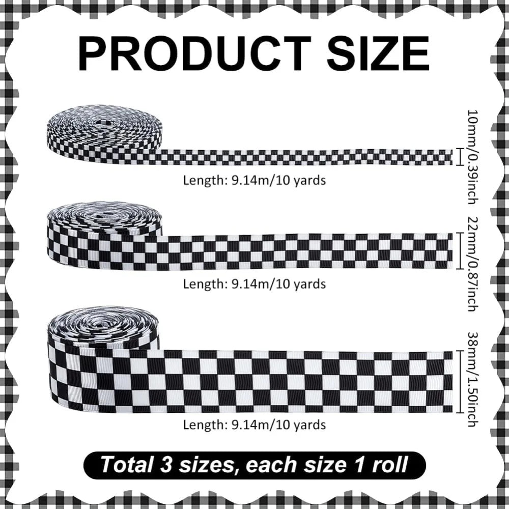 Black Tartan Polyester Ribbon Set – 3 Widths, 10 Yards Each