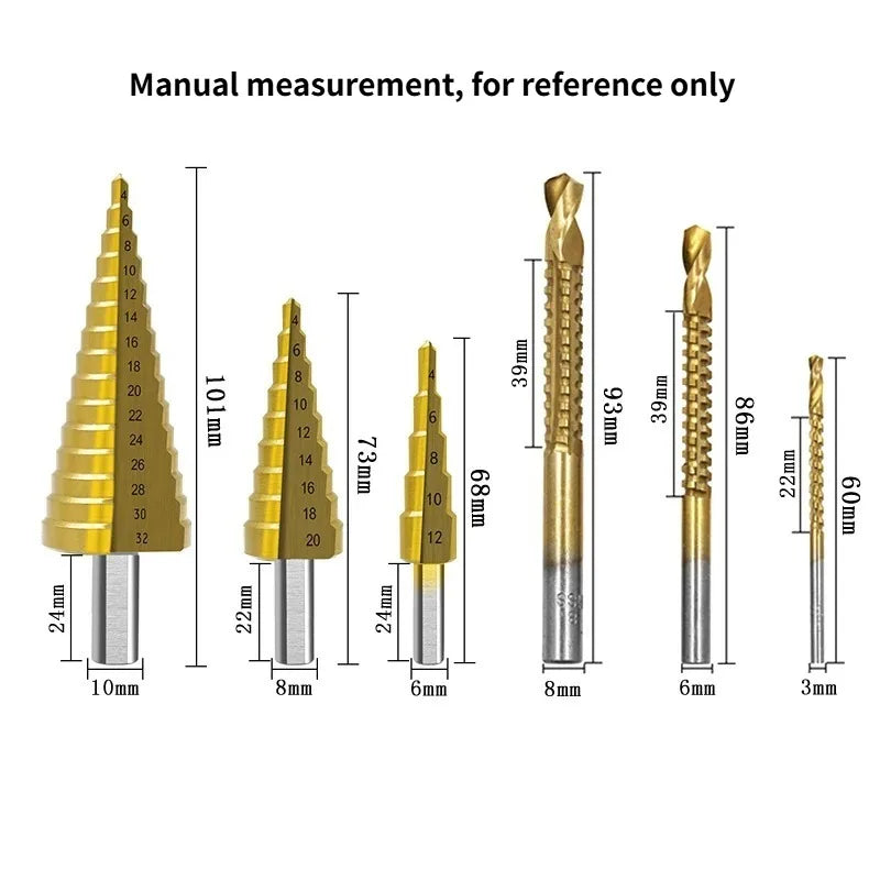 6-Piece Step Drill Bit Set – 4-12 to 4-32mm Wood Hole Saw Kit