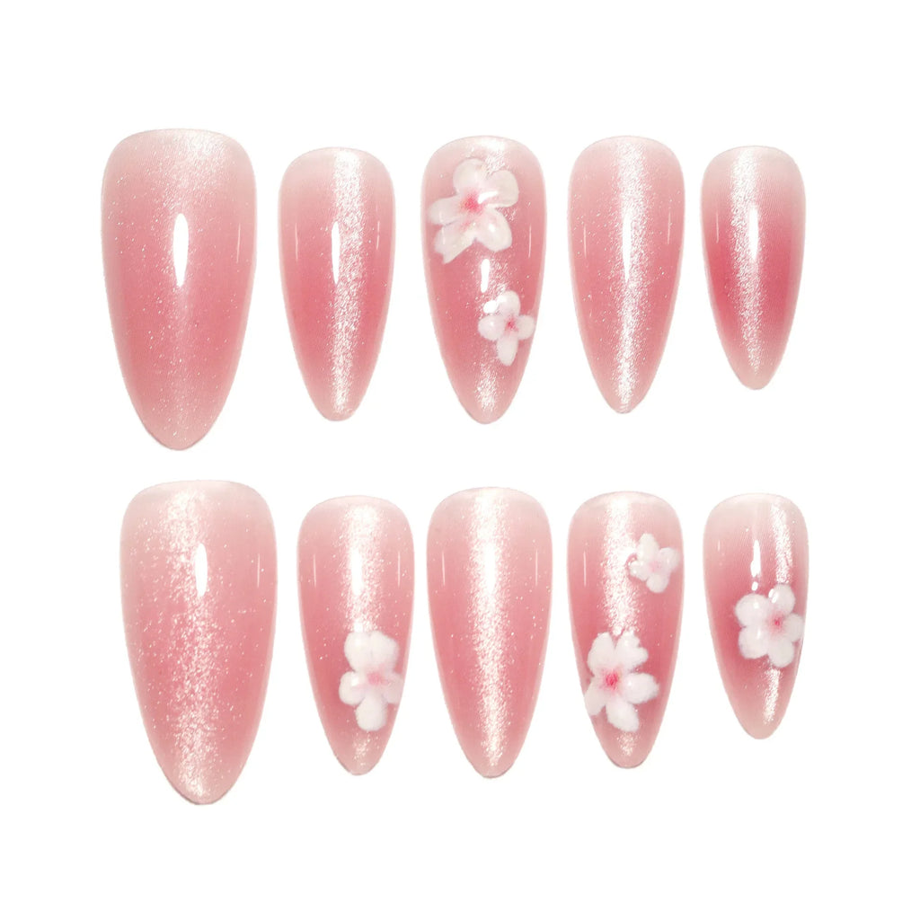 Handmade Pink Cat Eye Press-On Nails | Almond Korean Style