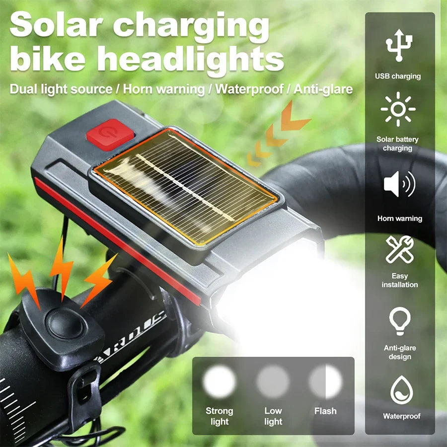 Solar Bike Light with Horn 120dB | USB-C Fast Charge | MTB & Road