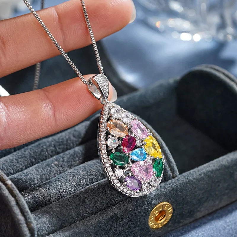 Huitan Pear Pendant Necklace – Colorful Cubic Zirconia Silver