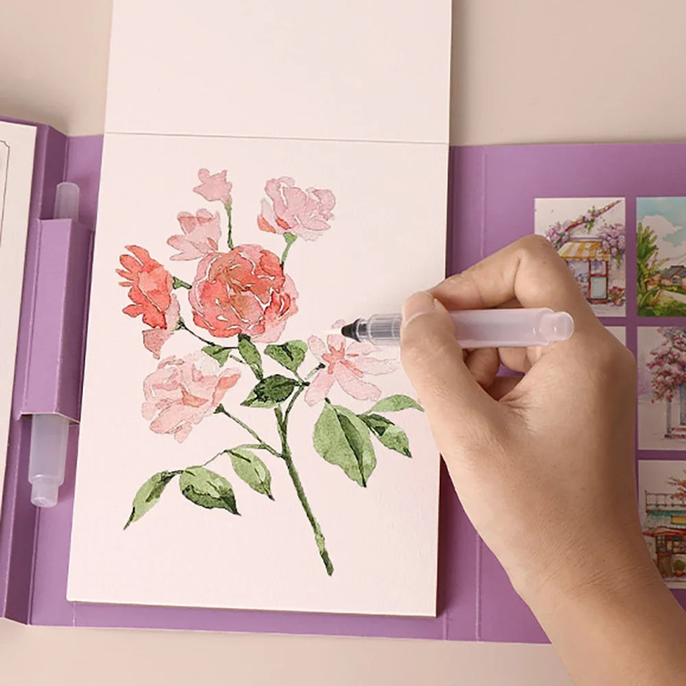 Travel Watercolor Painting Tri-fold Book Built-in 12 Colors Stress