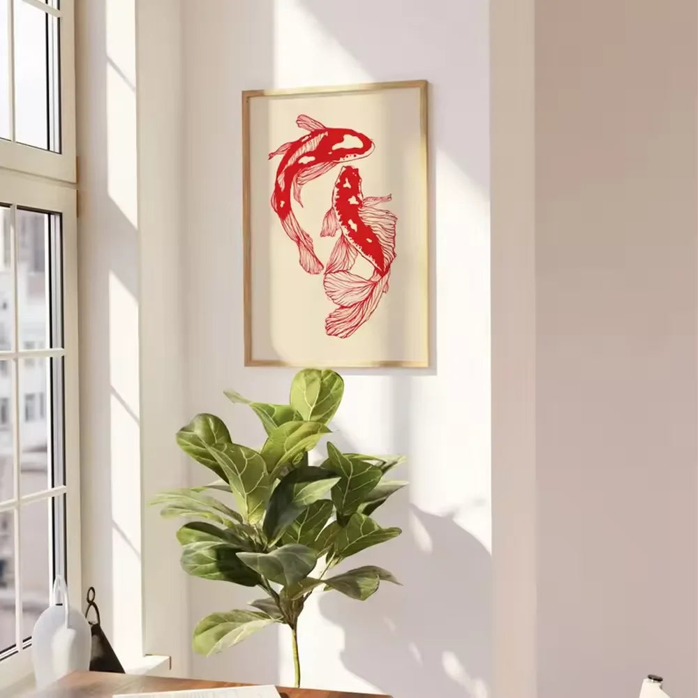 Vintage Red Koi Fish Canvas Wall Art Poster – Unframed