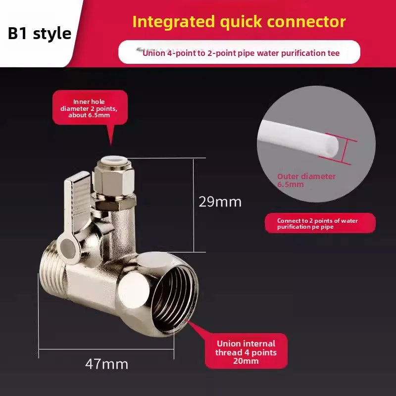 RO Feed Water Adapter 1/2" to 1/4" with Shut-Off Ball Valve Tee