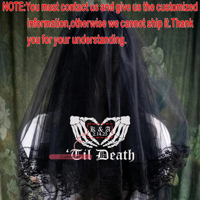Personalized Gothic 'Til Death Skeleton Hand Black Veil | Wedding