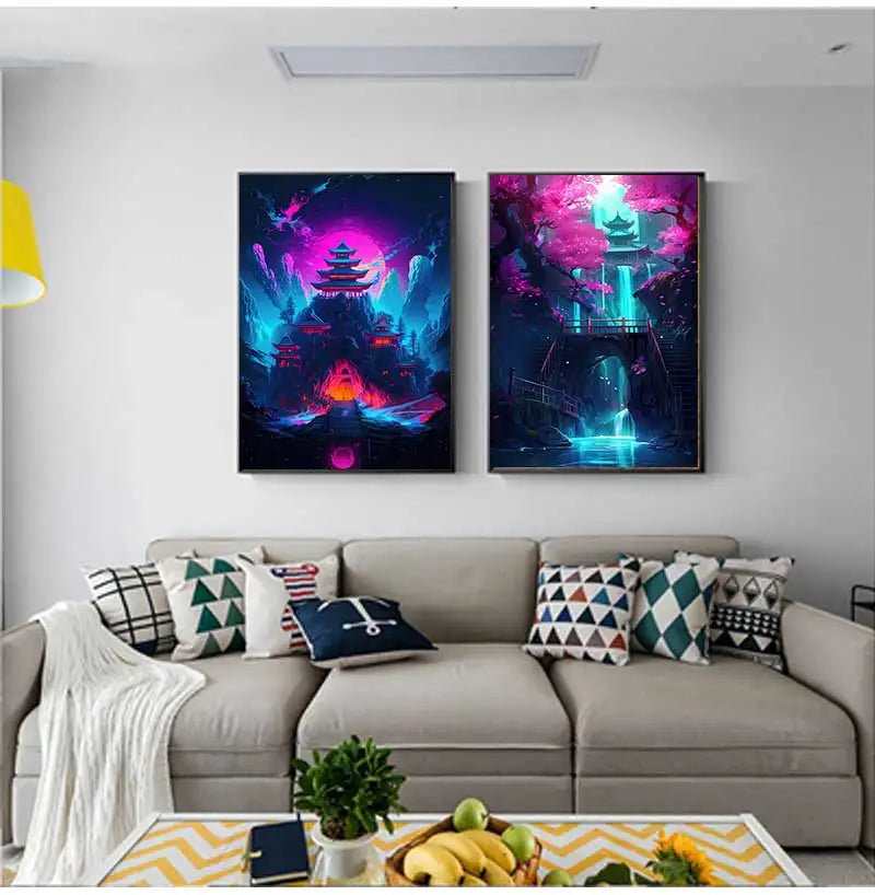 Japanese Anime Cyberpunk Neon Canvas Wall Art 3-Piece Set