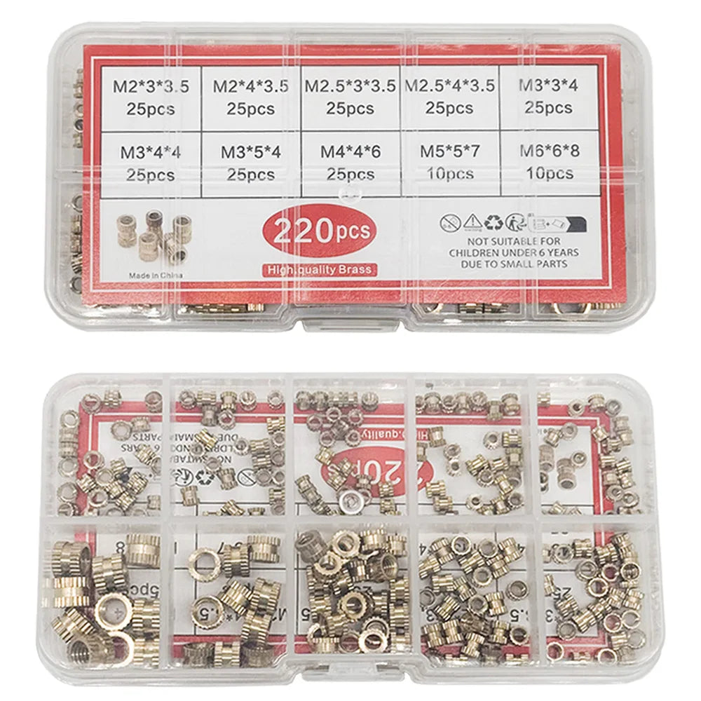 220 PCS Brass Heat Insert Nuts M2–M6 Knurled Embedment Kit