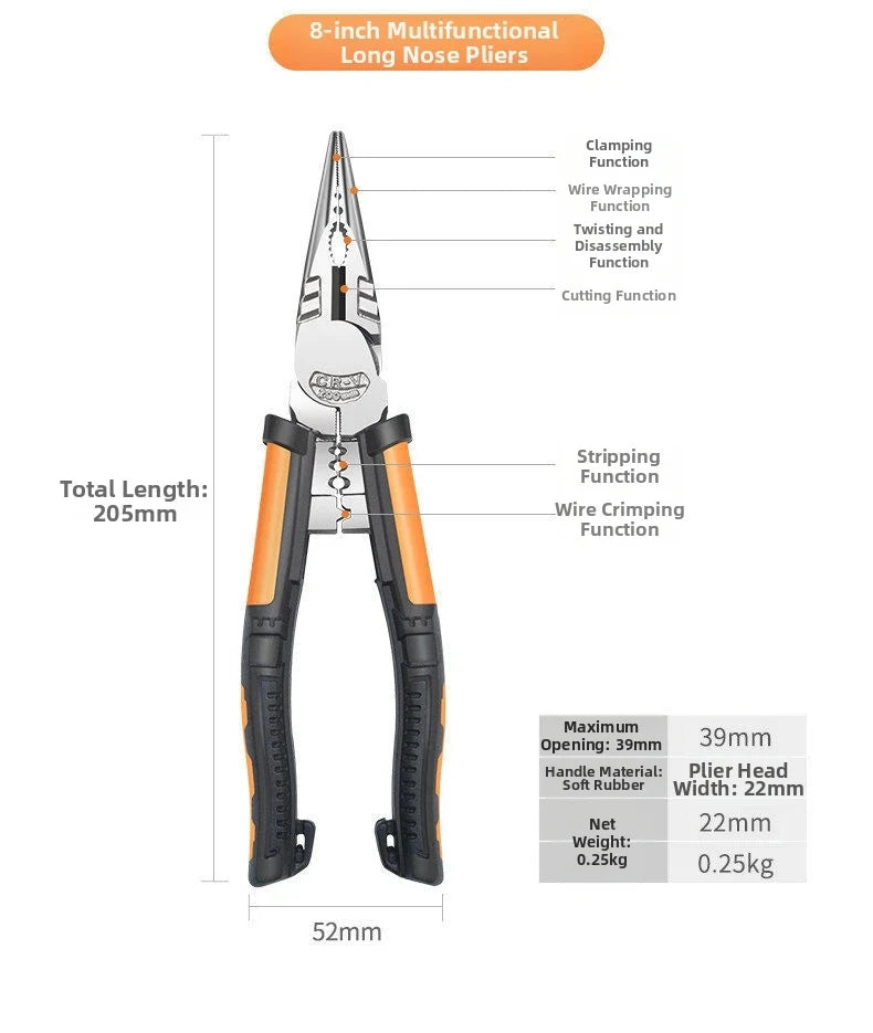 8-Inch Needle Nose Pliers – Wire Stripper, Crimper & Cutter