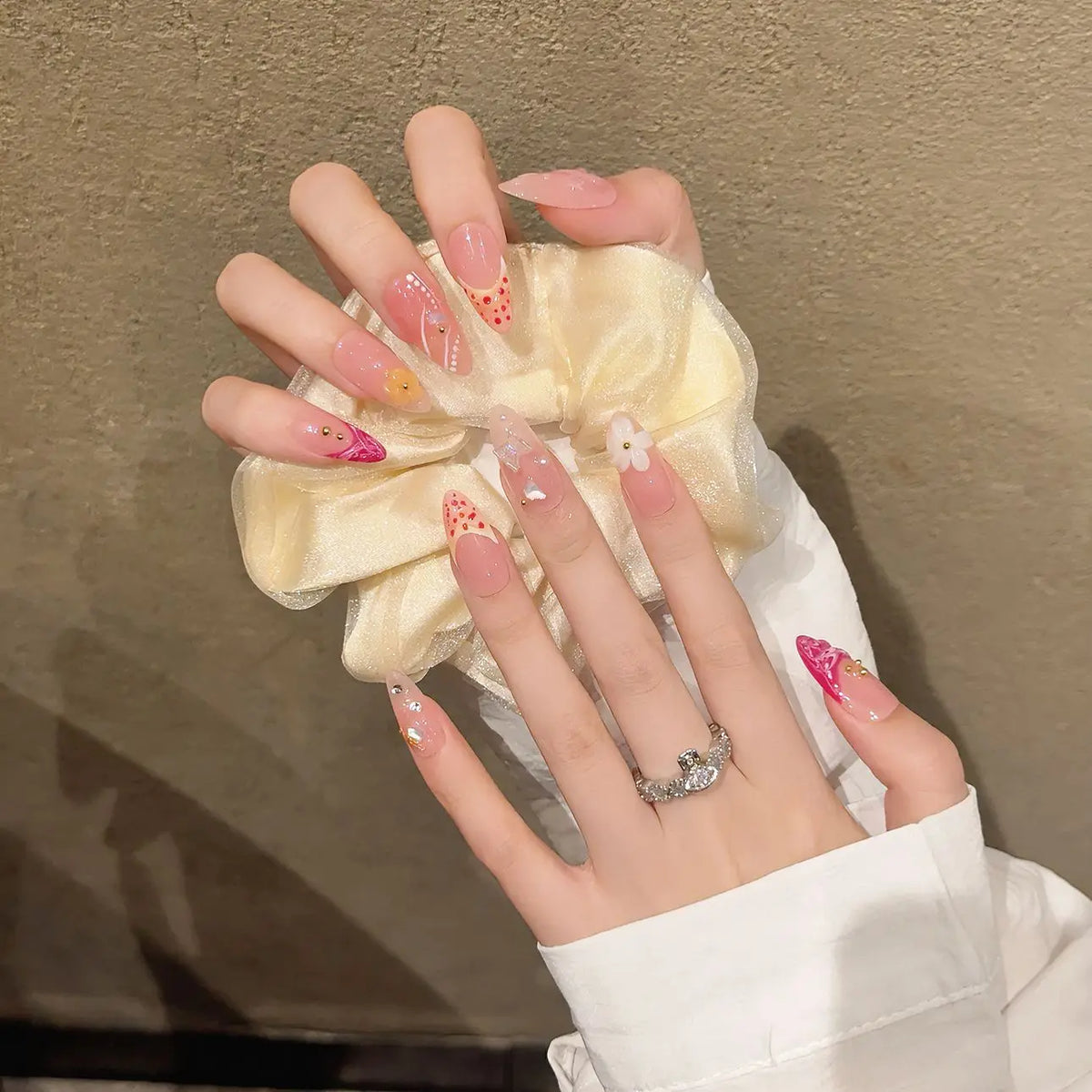 3D Flower Press-On Nails | Nude Pink Almond French False Nails
