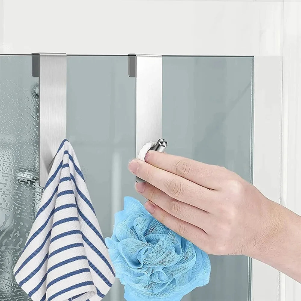 Drill-Free Glass Door Hooks – Stainless Steel Bathroom Storage