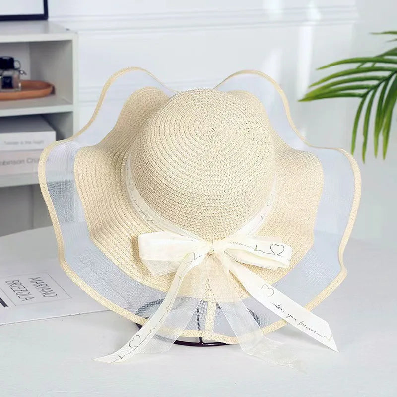 Elegant Wide Brim Sun Hat Bowknot UV Protection Breathable Straw