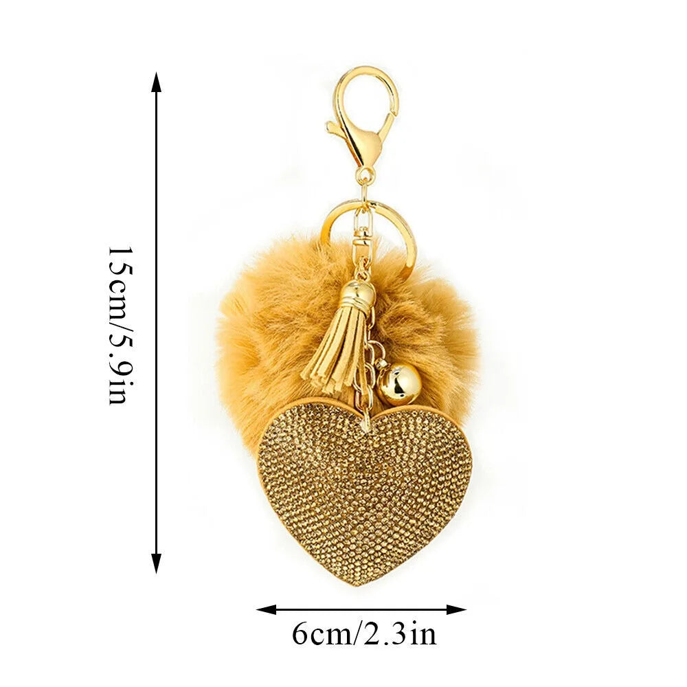 Faux Fur Plush Ball Keychain – Rhinestone Heart Bag Charm