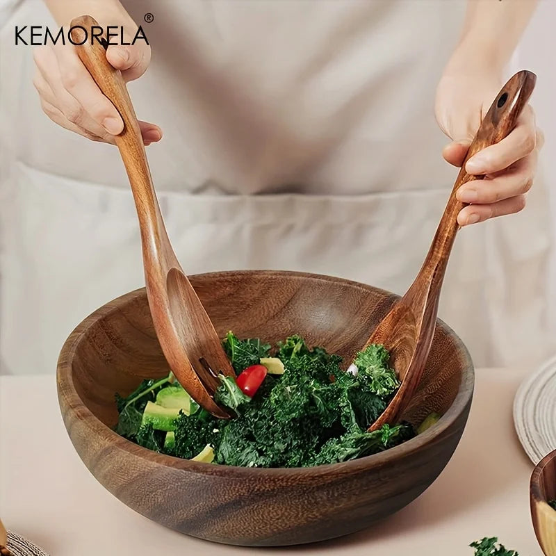 KEMORELA Acacia Wood Salad Servers – Long Handle Spoon & Fork