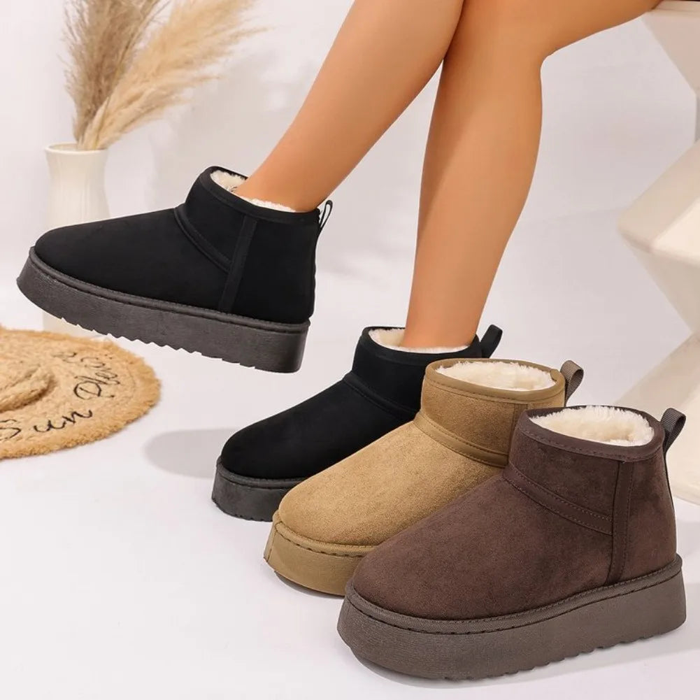 Women's Plush-Lined Ankle Snow Boots – Faux Suede Slip-On