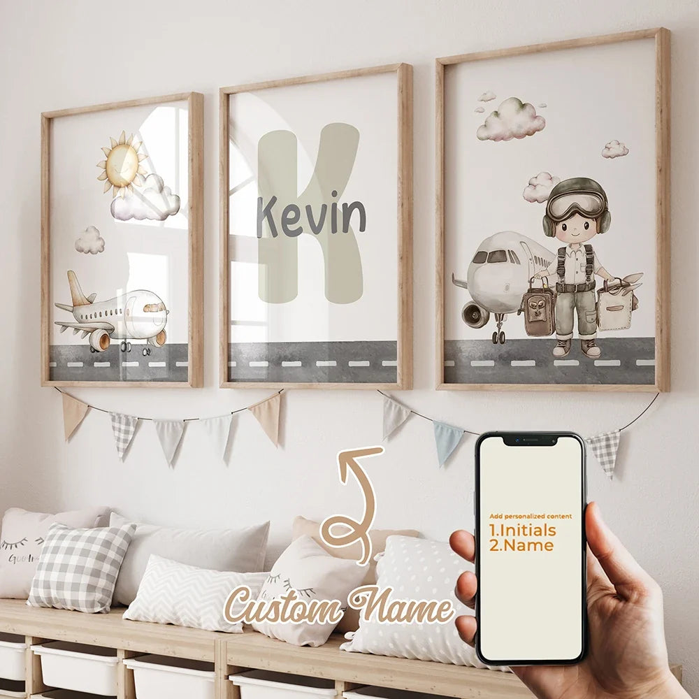 Personalized Pilot Name Canvas Wall Art – 3-Piece Set