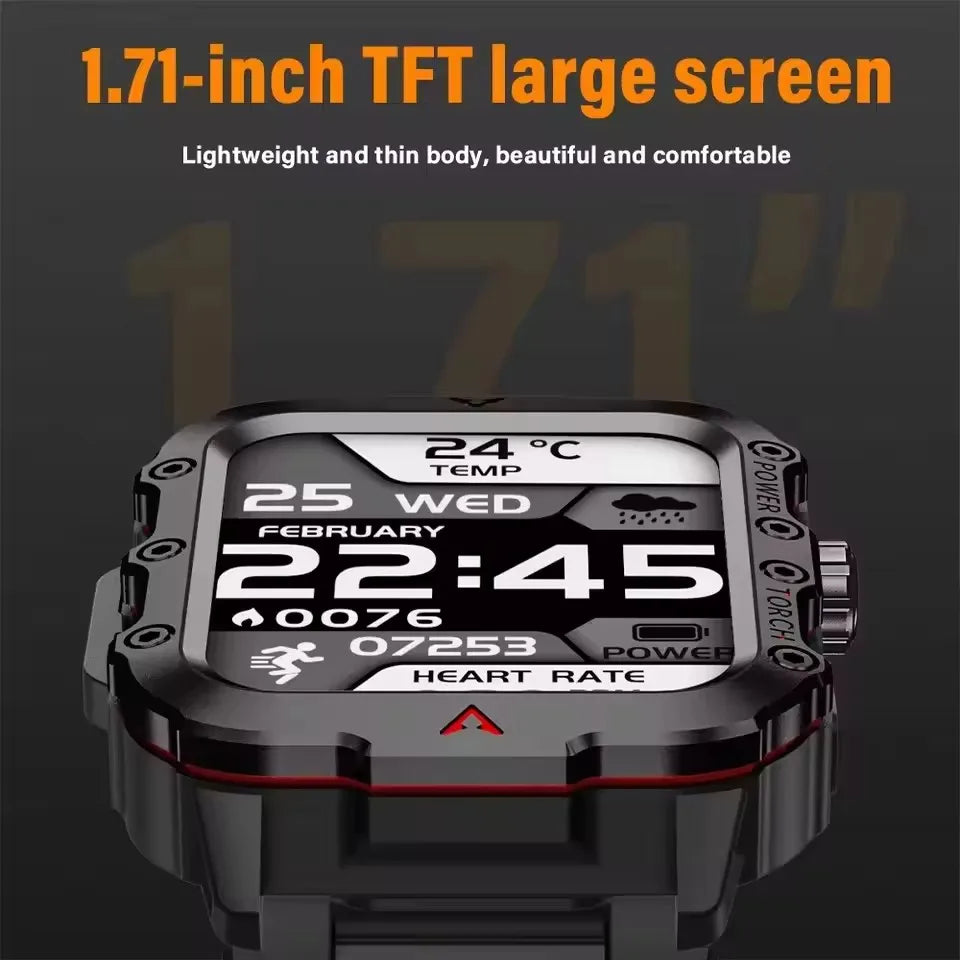 Military Smartwatch Men – Bluetooth Call, LED Flashlight, 3ATM