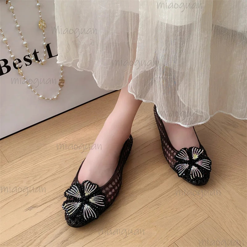 Crystal Jelly Sandals – Diamond Flower Pointed Toe Flats for Women