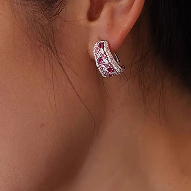 Huitan Pink CZ Hoop Earrings – Silver Plated Luxury Jewelry