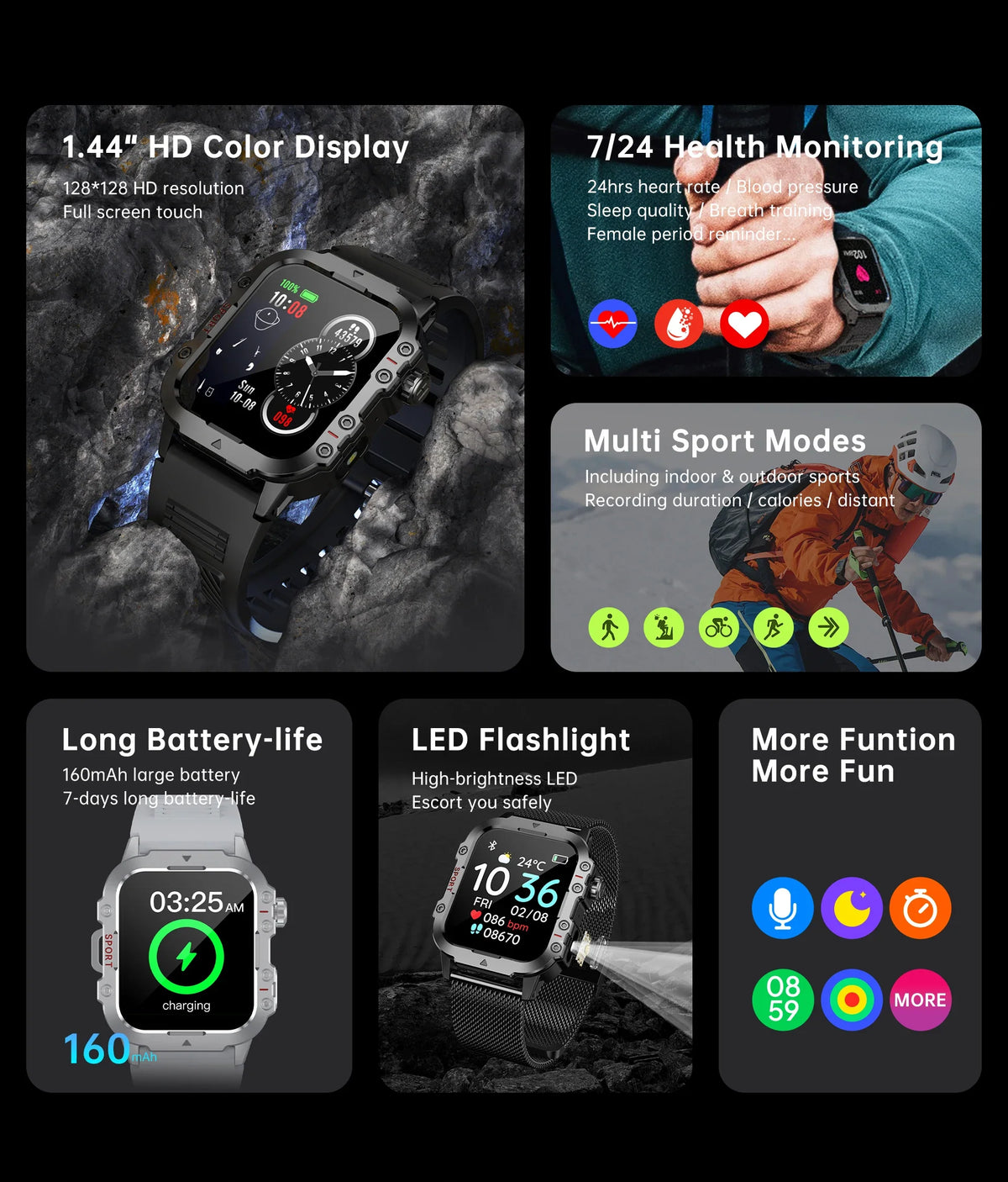 COTAUL Military Smartwatch 1.44" BT Call GPS Fitness Tracker