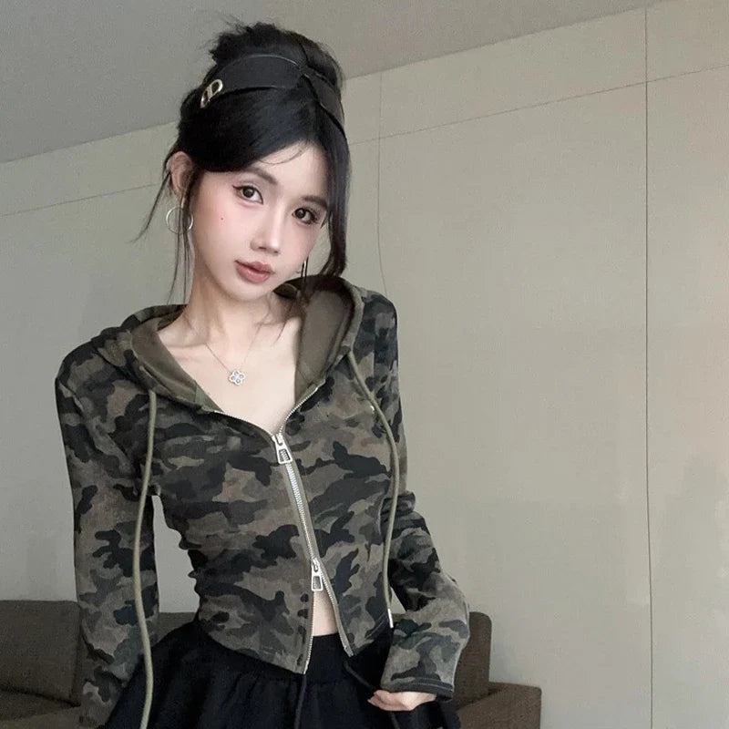 Women's Camo Hooded Crop Jacket – Zip Up Slim Fit Streetwear