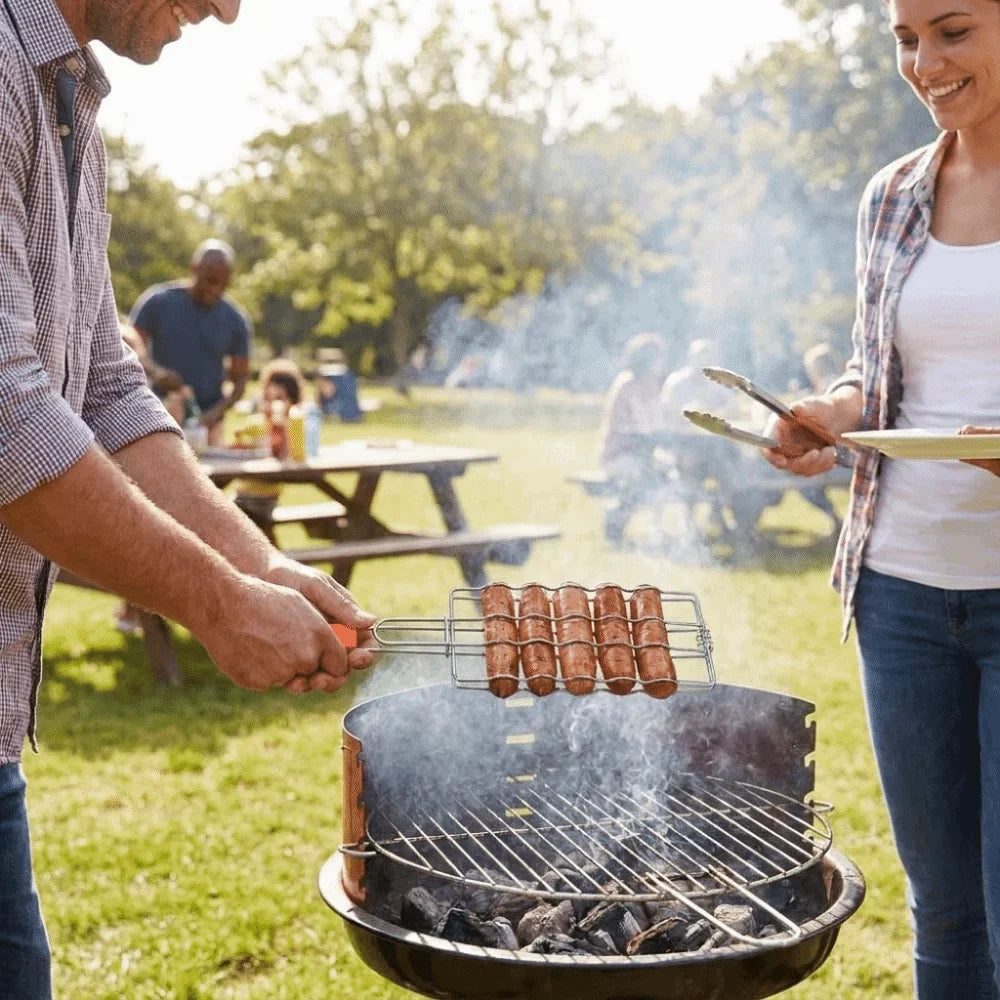 Non-Stick Hot Dog Grill Basket with Wooden Handle | BBQ Rack