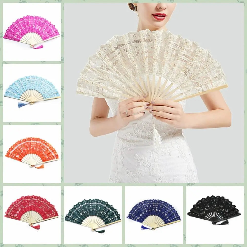 Bamboo Lace Folding Hand Fan with Tassel – Vintage Style