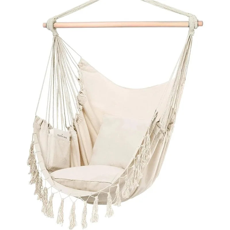 Macrame Hanging Chair with 2 Pillows | 500lb Cotton Rope Swing