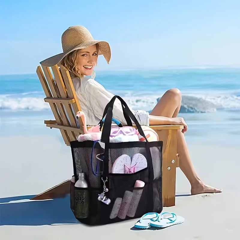 Large Capacity Folding Mesh Beach Bag Breathable Lining Reinforced