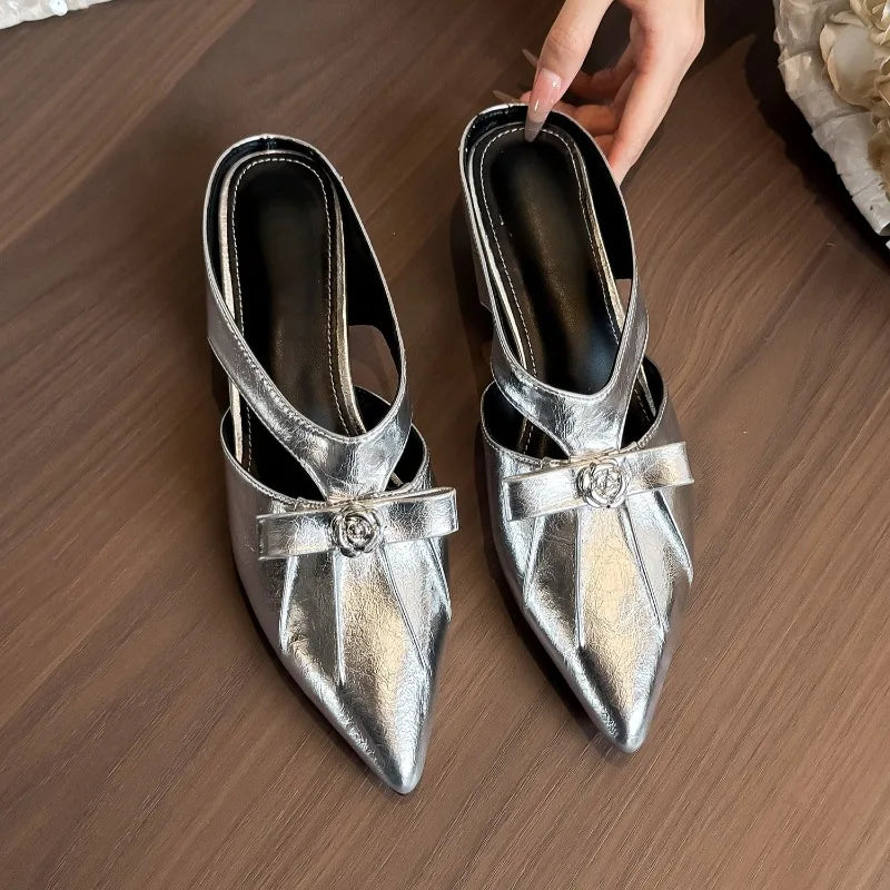 Women's Metal Camellia Block Heel Sandals – Pointed Toe Slip-On
