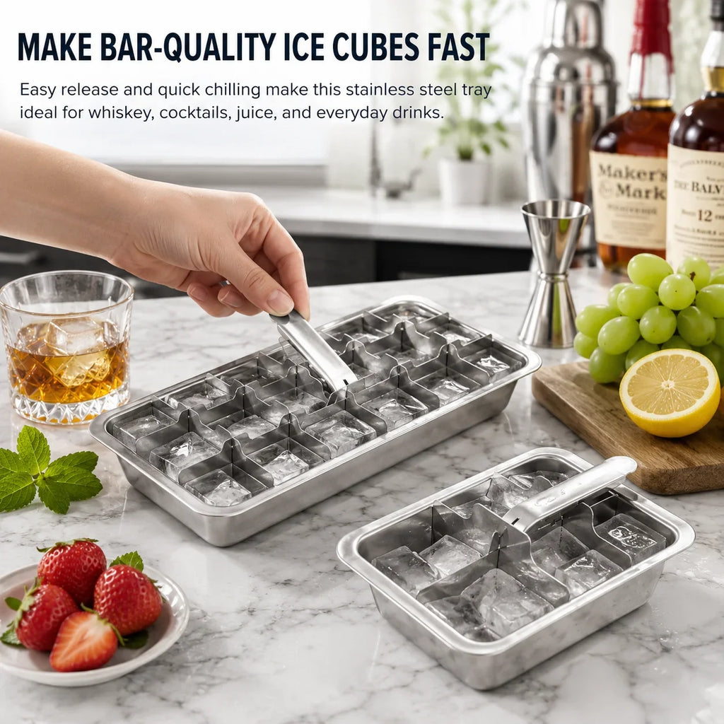 Stainless Steel Ice Cube Tray with Lever Release – 6 & 18 Cavity
