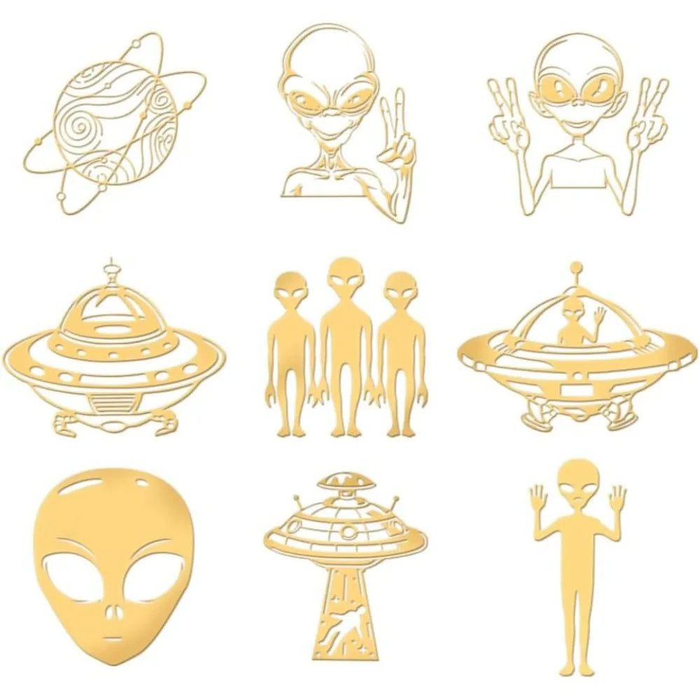 9-Piece Golden Metal Alien Stickers – Space UFO Epoxy DIY