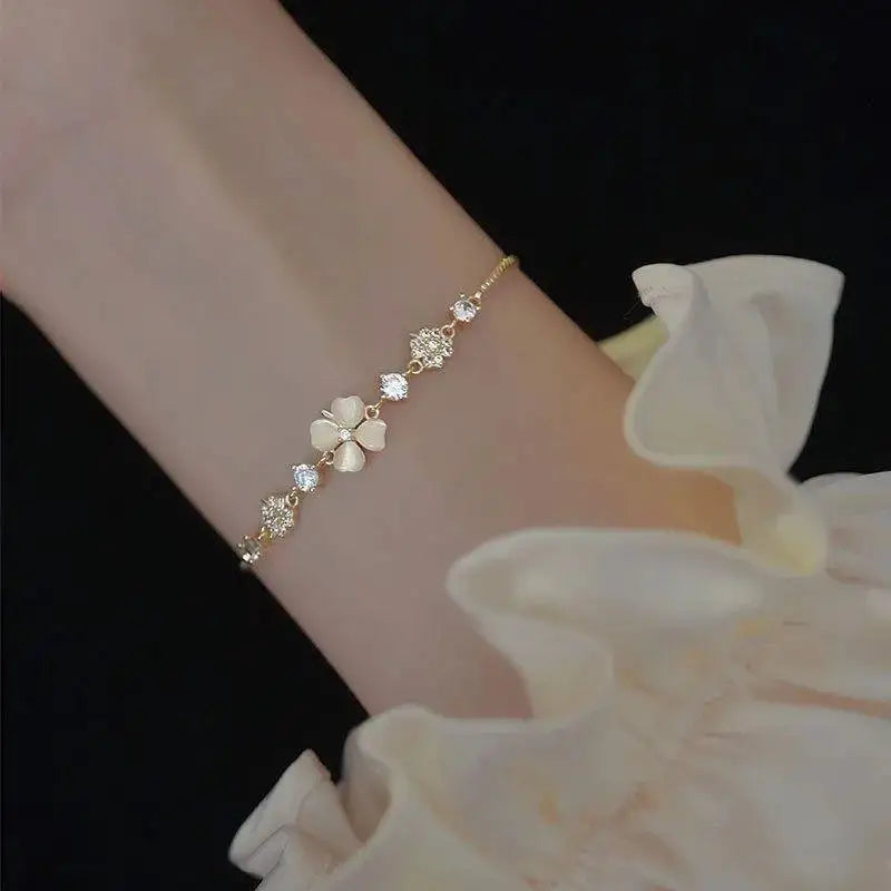 Four Leaf Clover Zircon Opal Charm Bracelet | Adjustable Bangle