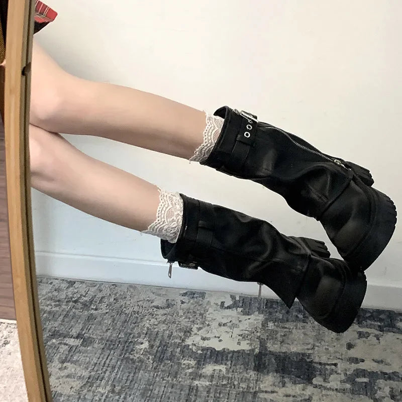 Women's Winter Platform Biker Boots – Belt Buckle Mid-Calf