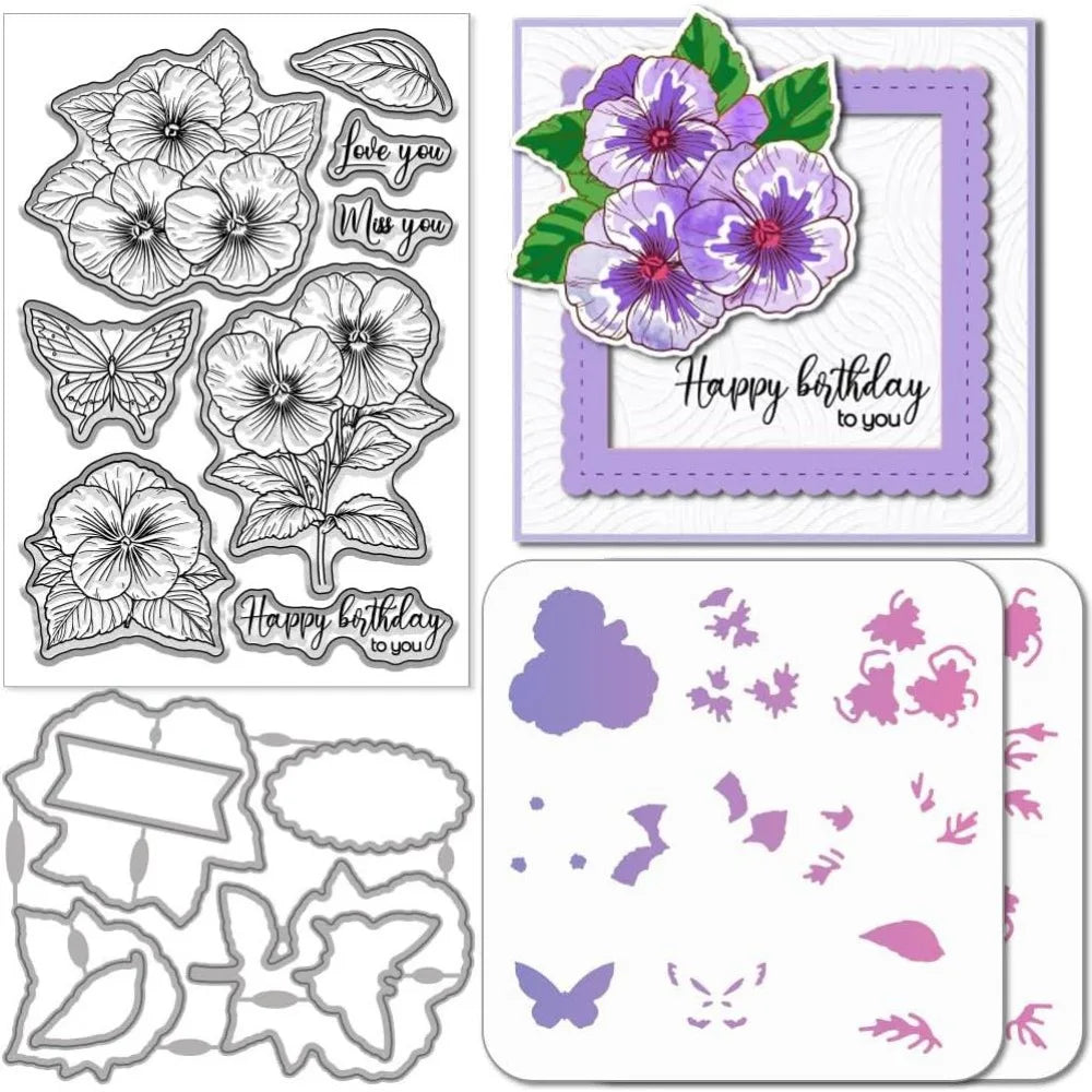 Pansy & Butterfly Clear Stamps, Metal Die Cuts & Stencil Set