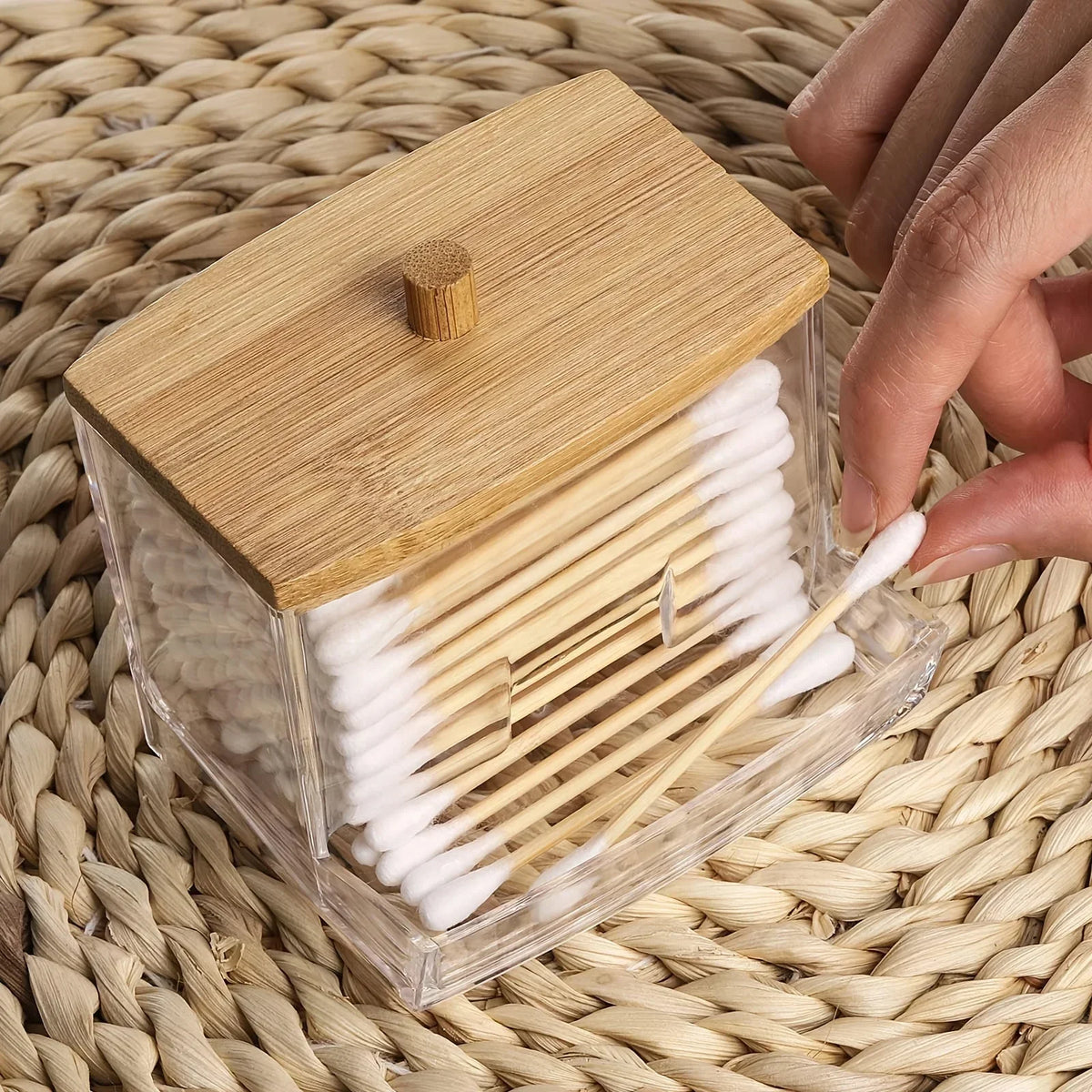 Cotton Swab Box Transparent Bamboo Cover Dustproof Toothpick Storage