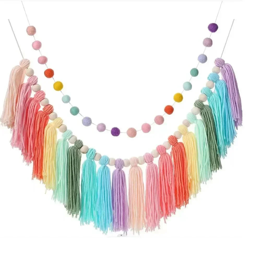 Rainbow Tassel Garland Colorful Pom Wood Bead Easter Spring Girls