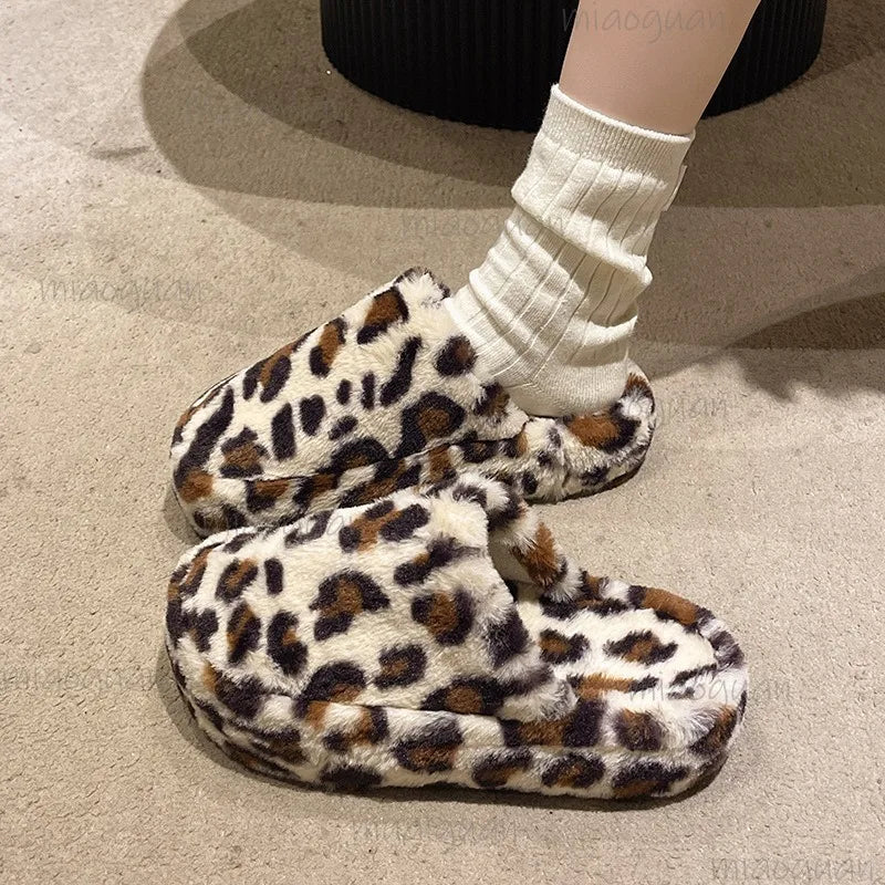 Women's Leopard Furry Slippers – Plush Warm Winter Slides