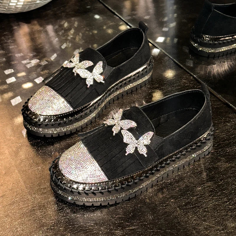 Women's Rhinestone Loafers – Cow Suede Slip-On Flat Shoes