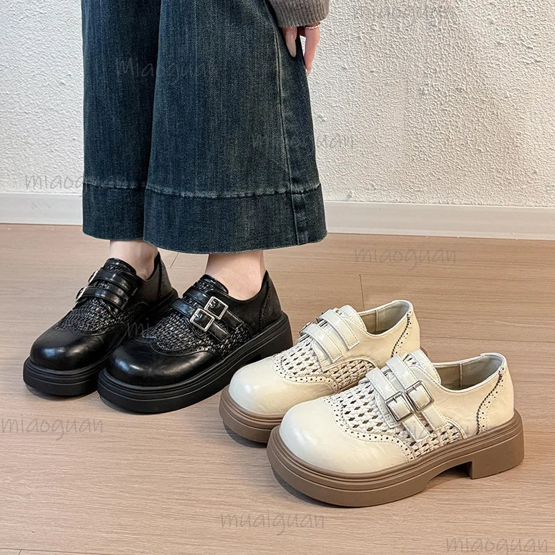 Women's Perforated Platform Wedge Loafers – Retro Buckle Sandal
