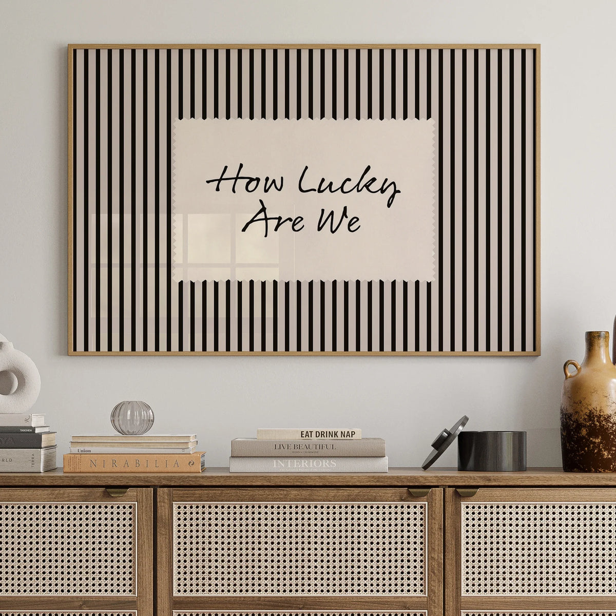 "How Lucky Are We" Retro Vintage Black Stripe Canvas Wall Art