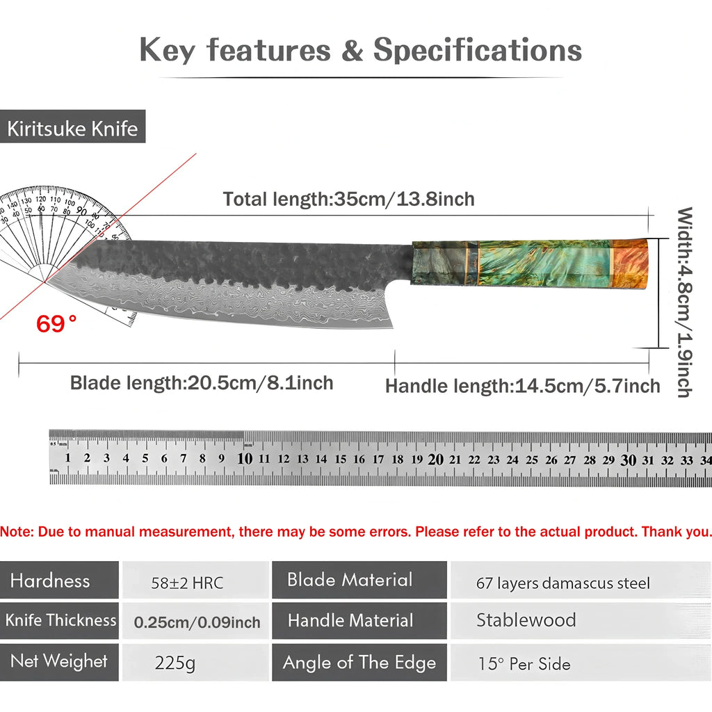 67-Layer Damascus Kiritsuke Chef Knife – Forged Steel 20.5cm